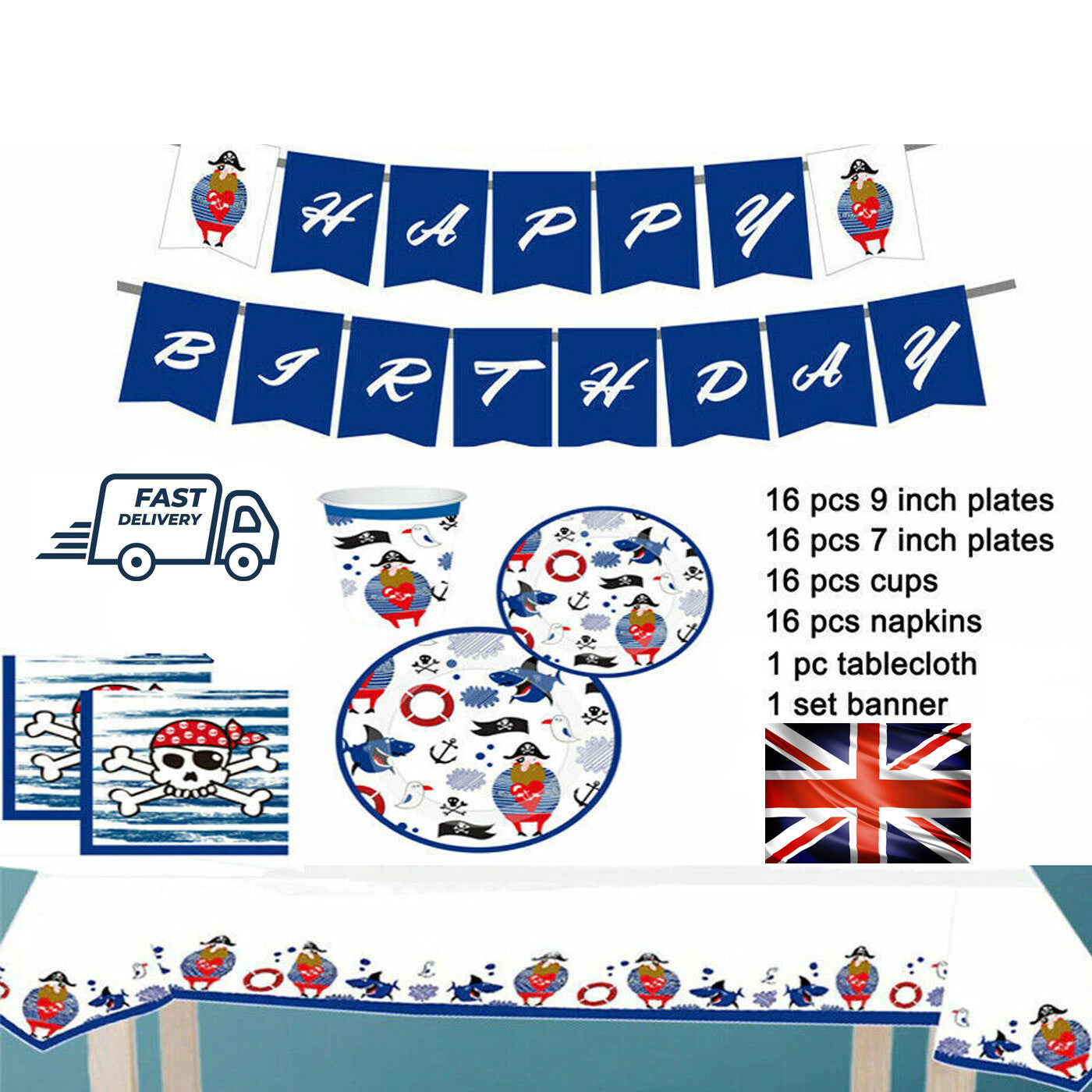 Pirate Theme Happy Birthday Decoration Banner Kids Tableware 16 Person Party Set